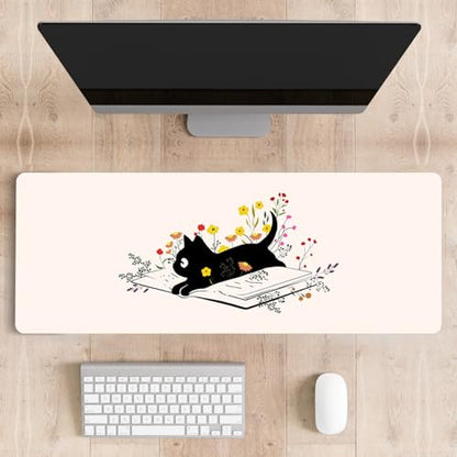 Mousepad Desk Mat Gaming Large Keyboard Cute Office Desktop Computer Laptop XXL Long Big Kawaii Aesthetic Girly Pretty Design Women Girl Gamer Oversized Wide 30x12'' Mousepad, Cat Book - color: Black Cat
