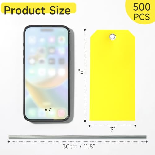 500 Pieces Plastic Shipping Tags with Wire Waterproof Hang Tags Heavy Duty Labeling Tags with String Wires Tags Labels Labeling Tags Stacking Tags for Equipment Car Parts (Yellow, 3x6) - color: Yellow, size: 3x6