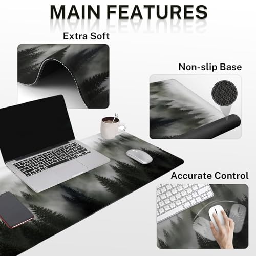 Arttown Misty Desk Mat Forest Mouse Pad Set 4 in 1 Tree Foggy Ergonomic Design Large Desk Pad + Keyboard Wrist Rest + Mouse Wrist Rest + Coaster Suitable for Home Office Study Game - color: Forest in Fog