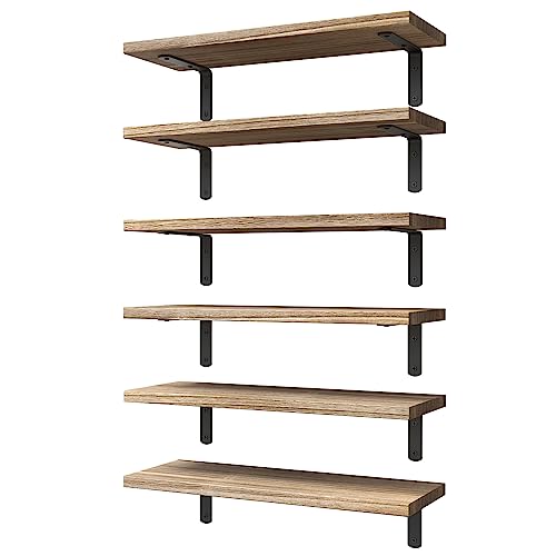 WOPITUES Wood Floating Shelves Set of 6, Shelves for Wall Decor, Farmhouse Shelf for Bedroom, Bathroom Storage Shelves, Book Shelves for Living Room - Rustic Brown - color: Rustic Brown, size: 16.5 Inch