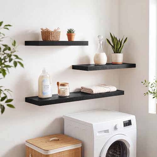 RICHFOCUS 20Inch Floating Shelves for Wall 2 Pack Shelves for Bedroom|Kitchen|Bathroom|Laundry Room Rustic Wood Wall Mounted Shelf with Invisible Brackets for Books|Storage|Decor, Black - color: Black, size: 20"L x 8"D, Set of 2
