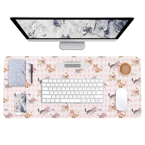 AUPET PU Leather Desk Pad Protector Blotter, Animal 35 x 17in Large Mouse Pad,Cute Office Desk Mat,Waterproof Non-Slip Desk Writing Drawing Pad for Office Home Game (Cats with Bow tie) - color: Cats With Bow Tie