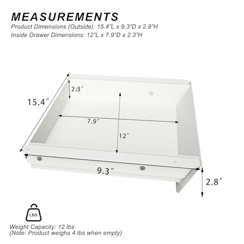 White Under Desk Mounted Sliding Drawer with 60 Degree Tilt Panel to pull out, 15'' long & 9'' deep Large Storage Organizer for Sit Stand Workstation - color: White, size: M