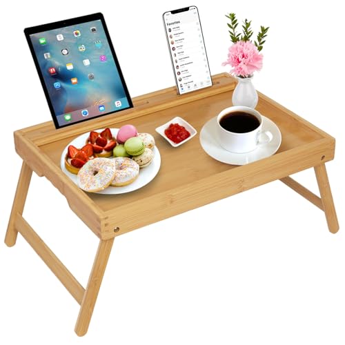 Artmeer Bed Tray Table with Folding Legs, Bamboo Breakfast Food Tray with Media Slot, Use As Platter, Laptop Desk, Snack, TV Tray Kitchen Serving Tray (Bamboo Large) - color: Bamboo, size: Large