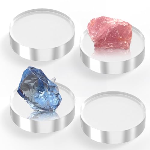SAMYUCHO Acrylic Blocks 3 X 3 X 1 Inch 4 Pcs Acrylic Base Stand for Display Clear Block Round Riser Display Stands Pedestal Polished Cube for Jewelry trophy Props Collection Ring