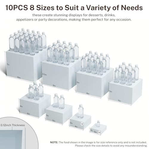 10 Pcs White Acrylic Buffet Risers with Mini Sign and Marker, Food Risers Display Stands for Buffet Table Party Catering Dessert Jewelry Collectibles,Acrylic Cube Nesting Boxes with Hollow Bottoms 8 Sizes (10" 9" 8" 7" 6" 5" 4" 4" 3" 3") - size: 10" 9" 8"