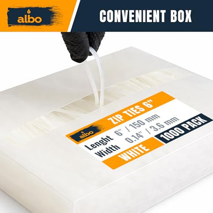 ALBO Zip Ties White 6 Inch 1000 Pack 40 lb, Long Plastic Cable Ties Thick 0.14 Inch Tie Wraps Heavy Duty UV Resistant Nylon Wire Ties for Indoor and Outdoor - size: 6" White 1000 Pack 40lb