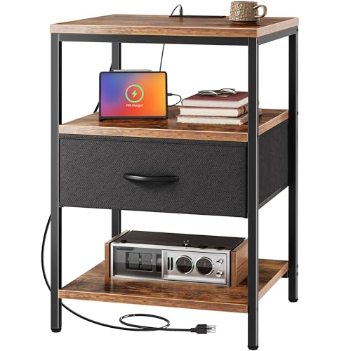 SUPERJARE Night Stand with Charger Station, 27.7 Inch Tall Nightstand with Adjustable Fabric Drawer, Bed Side Table, Fabric Drawer Dresser for Bedroom, Living Room, Rustic Brown and Black - color: Rustic Brown and Black, size: L (15.7"D x 17.7"W x 27.7"H)