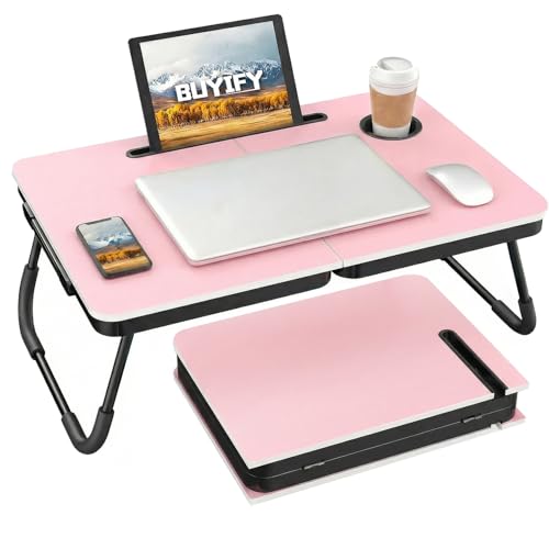 BUYIFY 23.4" Foldable Lap Desk Bed Table with Cup Holder Portable Tray Pink | Folds Flat for Easy Storage, No Assembly Laptop Bed Desk, Sturdy and Lightweight, Versatile for Work Eat Study, Patent Design - color: Pink