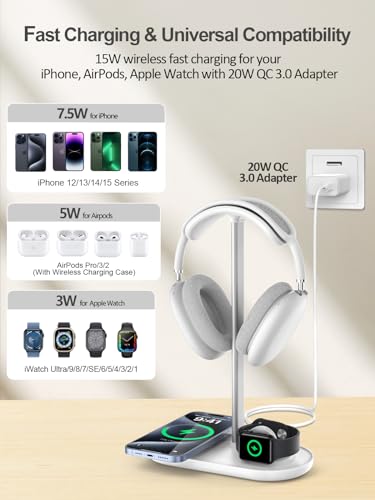 Airpod Max Charger Stand with 15W Wireless Charger, 4 in 1 Headphone Stand | Headset Holder for AirPods Max 2/Pro/iWatch/Vision Pro, Charging for iPhone 17/16/15/14/13/12/11/X, Aluminum Alloy Rod, White - color: Cream White