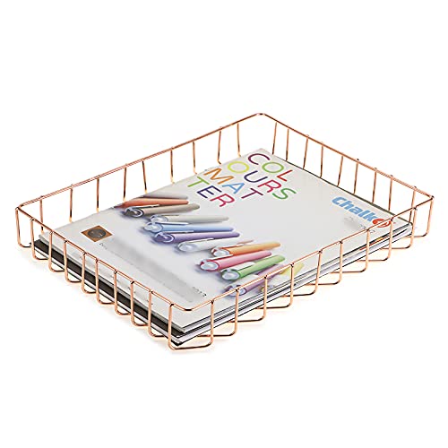 BTSKY Multipurpose A4 File Tray Wire Desk Tray Organizer Elegant Letter Size Desk Documents Trays Magazine Files Storage Basket Organizer Bin for Office Cosmetics Bathroom(Rose Gold) - color: Rose Gold