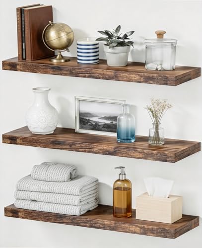 Easy Install Floating Shelves, 15.6 Inch Wall Mounted Wooden Floating Shelves, Set of 3, Small Wall Shelves for Storage and Home Decor, Living Room, Kitchen, Office, Corner Shelf for Bathroom, Brown - color: Brown Floating, size: 15.6 Inch