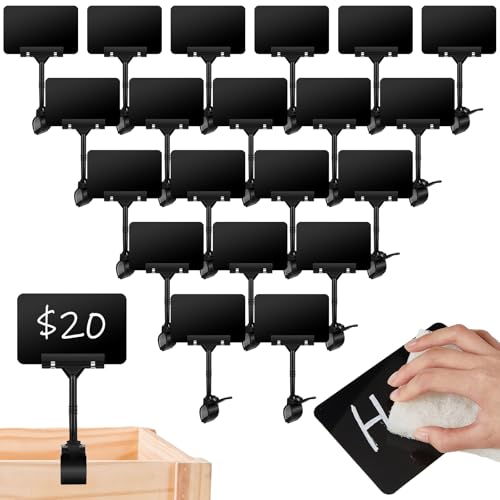 20 Set Mini Plastic Chalkboard Sign with Clip Double Head Rotating Display Price Tag Bulk Erasable Merchandise Sign Clip Holder for Business Retail Food Clothing Vendor Shelf Basket Display (Black)