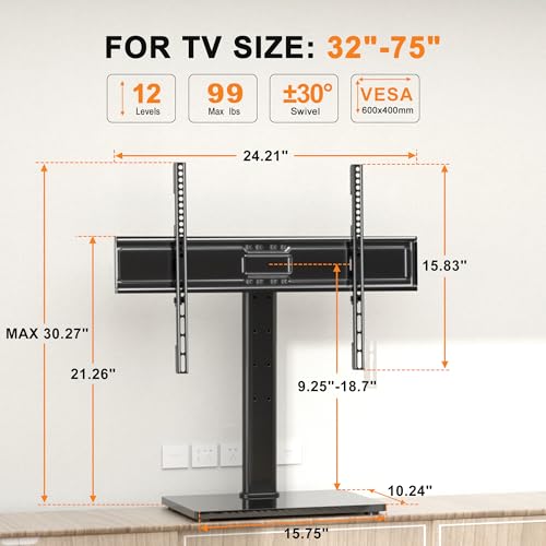 XINLEI Universal Swivel TV Stand Base Table Top TV Stand for 32-75 Inch TVs 60 Degree Swivel, 12 Height Adjustable Monitor Mount Stand, Max VESA 600x400mm,Holds up to 99lbs TS204 - style: 600x400mm Vesa