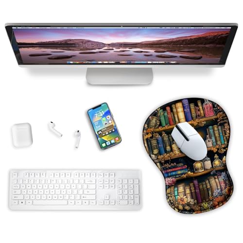 Cat Mouse Pad with Wrist Rest Cute Ergonomic Mousepad Middle Concave Office | Book Wrist Support for Women, Desk Accessories, Gaming, Work, Home, Non-Slip PU Base, for Wireless Mouse Computer Laptop - color: A Book Cat