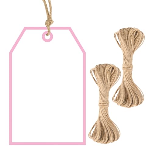 G2PLUS Gift Tags with String 100PCS: White Blank Gift Wrapping Tag 3.3x2.2 in Pink Paper for Birthday Wedding, Baby Bridal Shower, DIY Craft - style: Pink Single Border