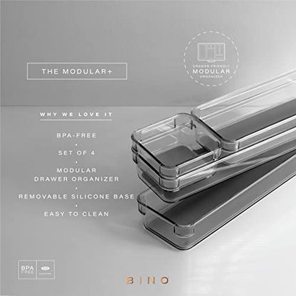 BINO | 4-Piece Drawer Organizer Bin Set - Grey, Small | THE MODULAR+ | Multi-Purpose Storage | Soft-Grip Lining and Non-Slip Rubber Feet | Durable | BPA-Free | Desk Drawer Organizer | Vanity - size: Small