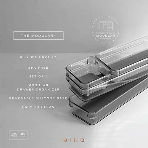 BINO | 4-Piece Drawer Organizer Bin Set - Grey, Small | THE MODULAR+ | Multi-Purpose Storage | Soft-Grip Lining and Non-Slip Rubber Feet | Durable | BPA-Free | Desk Drawer Organizer | Vanity - size: Small