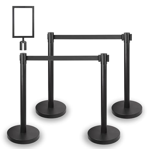 Crowd Control Stanchions w/Retractable Belt Sign Topper 4 Pack | 6.6ft / 2m Retractable Belt Barriers with Durable Refillable Enlarged Base for Crowd Control & Queue Management - size: 4 PCS