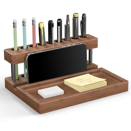 Wooden Holder for Office Desk, Solid Wood Pen Display Stand With 9 Slots and Cell Phone Holder, Aesthetic Pen Organizer for Minimalist Office Desk Decor (Tray+Black) - color: Tray+Black