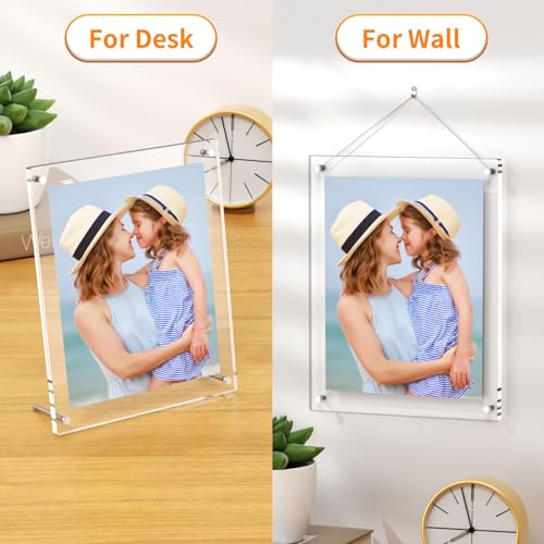 AITEE 5x7 Acrylic Picture Frames 2 Pack, Clear Desk Picture Frames with Stand, Modern Frameless Floating Frames Lucite Transparent Square Cubes Frame for Wall & Desktop Display Gift for Home Office - size: 5 x7