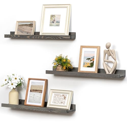 FLYJOE Picture Ledge Wall Shelves - 24 Inch Width Set of 3, Solid Pine Wood Rustic Floating Ledge Shelves for Kids' Room, Bedroom, Kitchen, Bathroom, Living Room, Nursery Display Wall Decor, Grey - color: Grey, size: 24'', set of 3