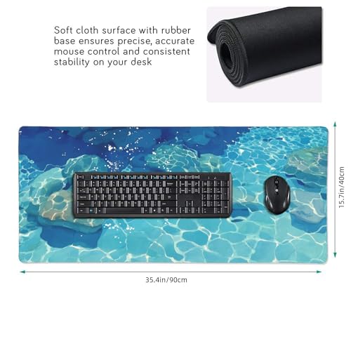 Extended Gaming Mouse Pad, Blue Aqua Theme, Non-Slip Rubber Base, Suitable for Gaming and Office use, Laptop Computer Table Protection pad, 35.4 x 15.7 inches - color: Blue Water Surface