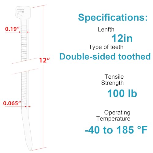 12 Inch Zip Ties Double Sided Toothed,100 LBS Tensile Strength Heavy Duty Cable Wire Ties With Self-Locking Adjustable More Durable Nylon Tie Wraps for Indoor Outdoor（100 Pack） - size: 12 inch 100 Pack （100 Lbs ）