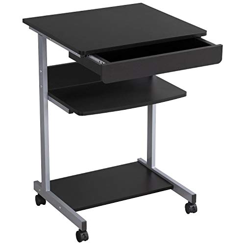 Yaheetech Mobile Computer Desk Cart, Small Rolling Laptop Desk PC Table Workstation with Drawer and Printer Shelf, Writing Desk Table for Small Space/Home Office - color: Black