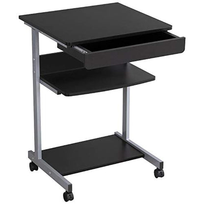 Yaheetech Mobile Computer Desk Cart, Small Rolling Laptop Desk PC Table Workstation with Drawer and Printer Shelf, Writing Desk Table for Small Space/Home Office - color: Black