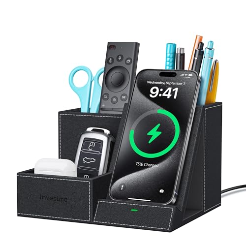 Wireless Charger with Desk Organizer, Pen Pencil Holder, Multifunctional Desktop Organizer, Office Supplies and Desk Accessories Organizer with 3 Compartments and 1 Phone Stand - color: Black