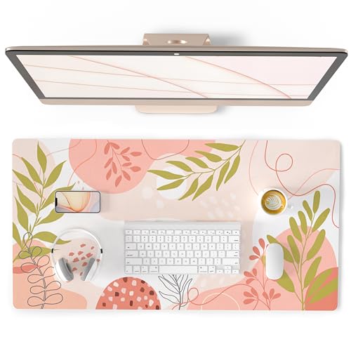 QiyI Large Mouse Pad, Cute Desk Mat for Desktop, Women Girls Minimalist Pink Office Desk Accessories, PU Leather Waterproof Gaming Mousepad, Tropical Leaves Desk Pad Computer Mat, 31.5" x 15.7" - color: Exotic Plants, size: 31.5" x 15.7"