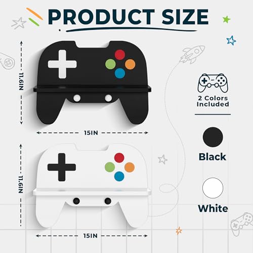 Gaming Room Decor Floating Shelves Set of 2, Controller Wall Shelf with Headphone Hooks, Gamer Wall Decor for Teen Boys Bedroom, Black & White