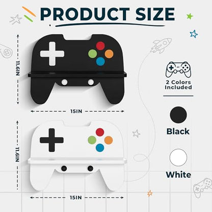 Gaming Room Decor Floating Shelves Set of 2, Controller Wall Shelf with Headphone Hooks, Gamer Wall Decor for Teen Boys Bedroom, Black & White