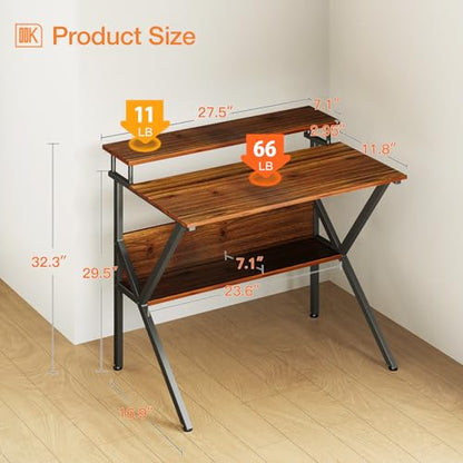 ODK Small Desk, 27.5 Inch Computer Desk for Small Spaces, Study Desk with Storage & Monitor Stand, Deep Brown - color: Deep Brown