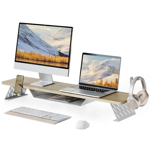 Fenge Dual Monitor Stand, 42.5 Inch Monitor Riser for Desk, Wood Desk Shelf for 2 Monitors, 2 Tier Monitor Shelf with Headphone Stand & Phone Holder - color: Oak
