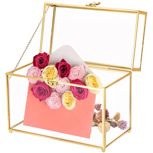 Vintage Gold Glass Jewelry Box, 10 x 5.7 x 7.8 Inch Large Clear Rectangular Keepsake Box with Lid, Decorative Glass Display Organizer for Rings, Bracelets, Earrings, Trinkets