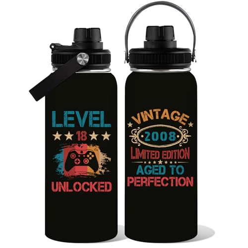 18th Birthday Gifts for Boys, Happy 18th Birthday Gifts for Boys, Vintage 2008 Cheers To 18 Years Tumbler for Son Nephew Brother, Turning 18 Bday Gift for Him for Game Boy Water Bottle 32oz - color: 18th