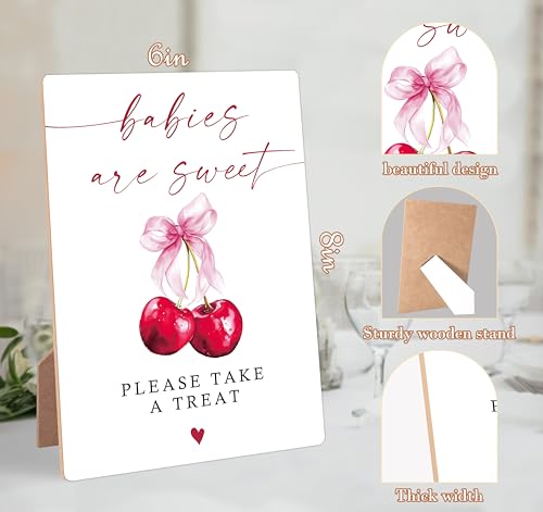 Cherry Baby Shower Signs for Reception, Pink Bow Babies Are Sweet Please Take A Treat Sign, Berry Wooden Signs with Stand, Pink Bow Theme Gender Reveal, Newborn Announcement Party Supplies, 13 - color: Cheery13