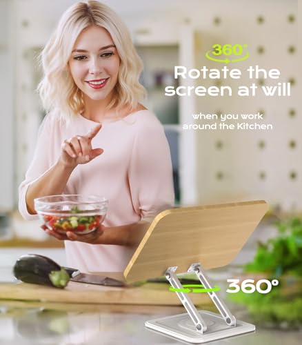 Book Stand for Reading, Adjustable Book Holder with 360°Rotating Bases, Ergonomic Cookbook Stand Recipe Book Holder with Elastic Page Clips for Magazines, Tablets, Laptops,White - color: White