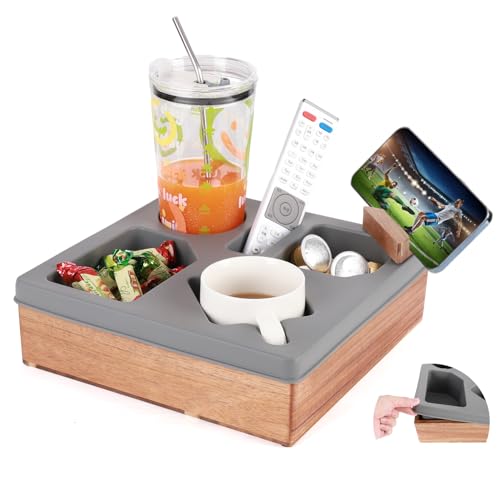 Couch Cup Holder Tray, Silicone Wooden Couch Caddy with Cup Holder for Snacks, Drinks, Remotes, Waterproof Cup Holder for Couch, Organizer, Couch Drink Holder, Sofa Cup Holder - color: C-gray