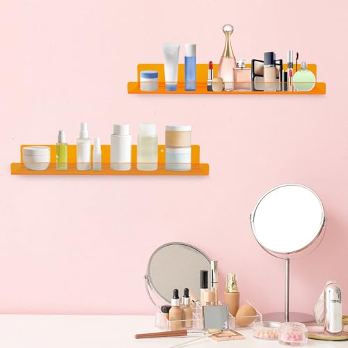 Dezzer 6 Pack Acrylic Shelves for Wall, 15" Acrylic Floating Shelves for Bathroom Bedroom, Invisible Bookshelf Wall Ledge Storage Shelf Books Perfume Toys Action Figure Display Shelves, Clear Orange - style: 15 inch 6-pack Orange