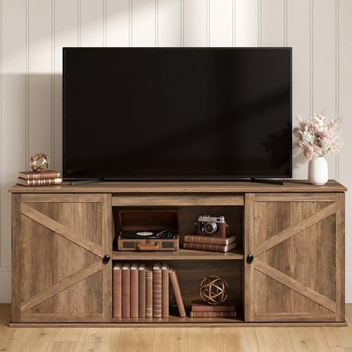 VASAGLE Farmhouse TV Stand for TVs up to 65 Inches, Entertainment Center with Storage Cabinets and Sliding Barn Doors, Media Console Table for Living Room, Honey Brown ULTV535K101 - color: Honey Brown, size: 58"L, style: TV Stand