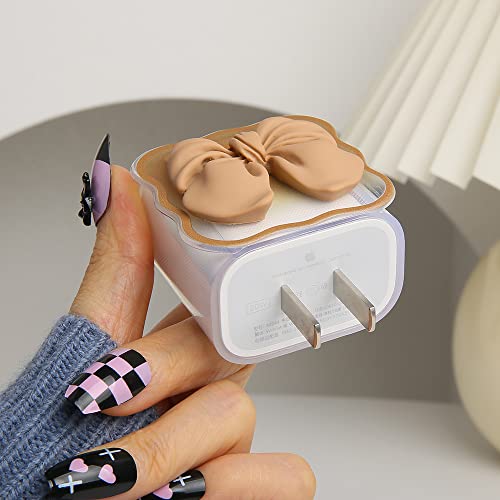 Compatible with iPhone 18W/20W USB-C Charger Cover Cute 3D Bow Tie Design Clear Soft Charger Protector Kawaii Cable Saver for iPhone 11 12 13 14 Pro Max Fast Power Adapter, Brown 2 (5in1) - color: Brown 2 (5 in 1)