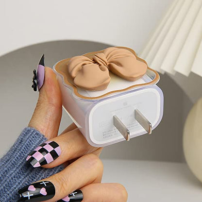 Compatible with iPhone 18W/20W USB-C Charger Cover Cute 3D Bow Tie Design Clear Soft Charger Protector Kawaii Cable Saver for iPhone 11 12 13 14 Pro Max Fast Power Adapter, Brown 2 (5in1) - color: Brown 2 (5 in 1)