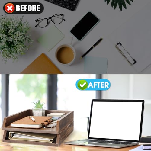 DoubleFill 2 Pcs Wooden Letter Trays 2 Tier Desktop Paper Organizer Wood Letter-Size Desk Document Tray Heavy Duty Stackable Paper Drawer Holder File Folder Back to School Office Home (Dark Wood) - color: Dark Wood