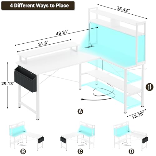 Aheaplus L Shaped Gaming Desk with Power Outlets & LED Lights, Small L- Shaped Desk Computer Corner Desk with Monitor Stand & Storage Shelf, Home Office Desk Writing Desk with Storage Bag, White - color: White