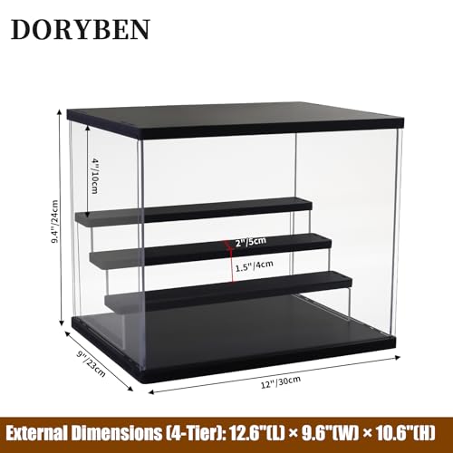 Acrylic Display Case with Adjustable LED Light, 4 Tier Clear Display Box Dustproof Showcase for Action Figures, Collectibles and Mini Toys, Assembly Display Cabinet(Black 12.5×9.5×10.4in) - color: Black, size: 4 Tier 12.5×9.5×10.5in