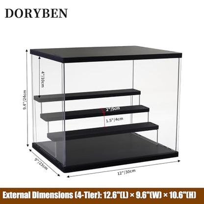 Acrylic Display Case with Adjustable LED Light, 4 Tier Clear Display Box Dustproof Showcase for Action Figures, Collectibles and Mini Toys, Assembly Display Cabinet(Black 12.5×9.5×10.4in) - color: Black, size: 4 Tier 12.5×9.5×10.5in