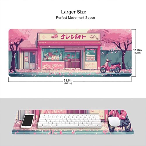Japanese Anime Mouse Pad Pink Cherry Tokyo Street Aesthetic Large Gaming Mouse Mat with Stitched Edges,Non-Slip Waterproof Rubber Base Mous Mat Office Computer Keyboard Laptop Home 31.5x11.8 Inch - color: Japanese Anime, size: 31.5" x 11.8"